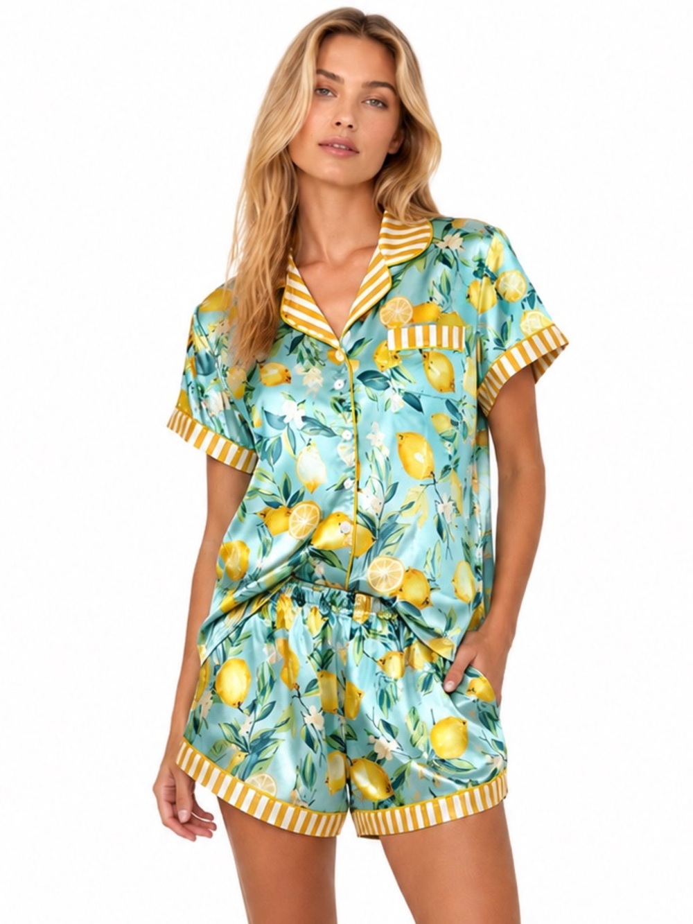 Italian Summer Silky Lemon Print Short Pajama Set Sleepwear Aqua/Yellow L New